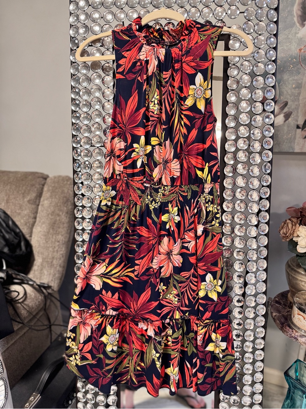 Enfocus Studio Navy Floral Halter Dress with Red & Yellow Flowers